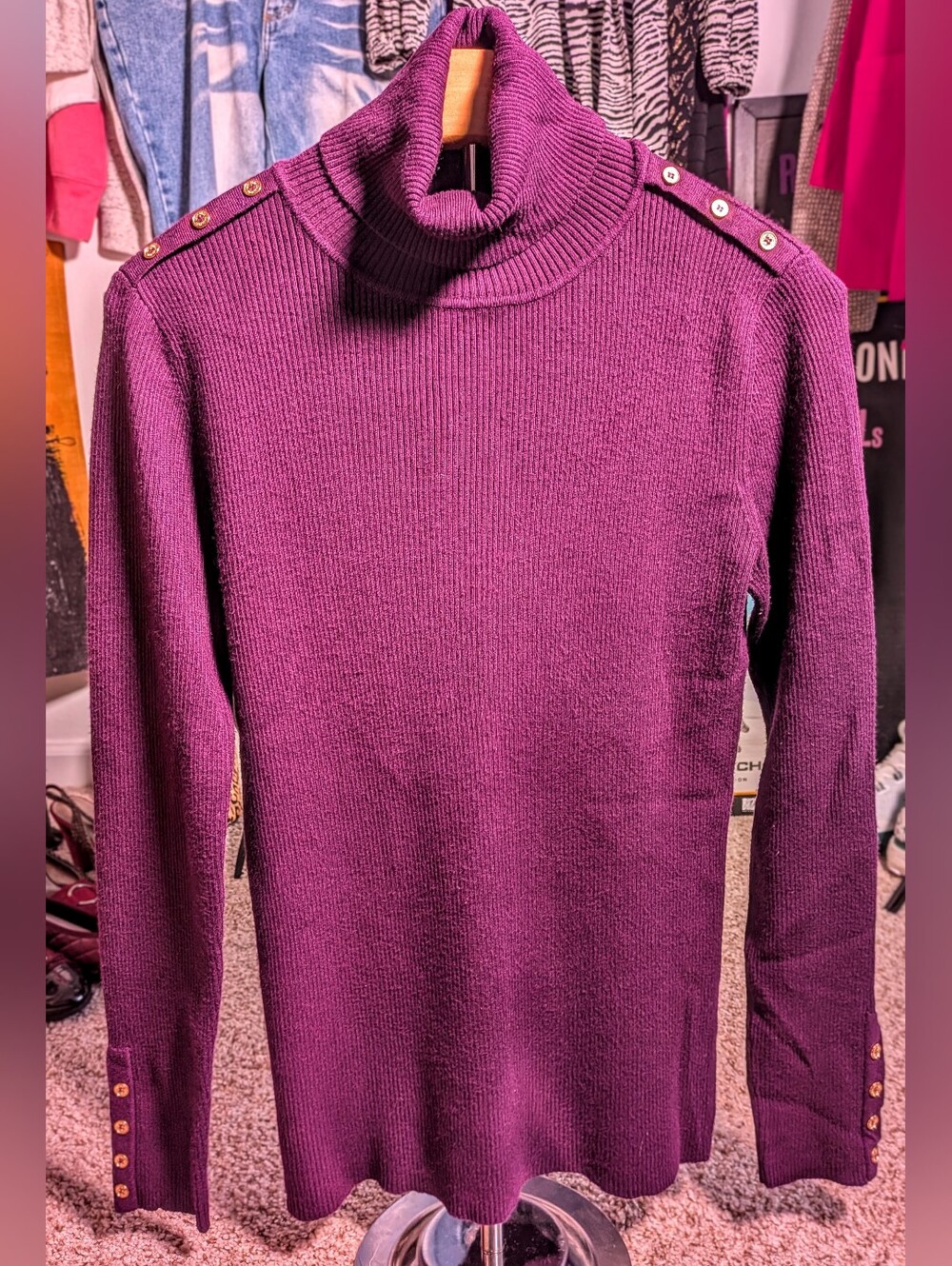 Calvin Klein ribbed knit turtleneck sweater in a deep plum/berry shade